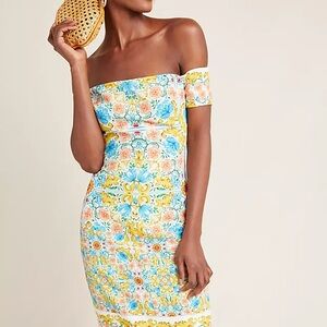 Black Halo Bethel Off-Shoulder Floral Mosaic Bodycon Dress in Yellow and Blue